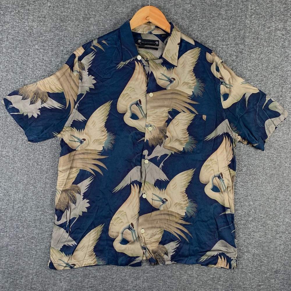 All Saints Camp Shirt Men Large Relaxed Fit Wader Short Sleeve Floral Animal